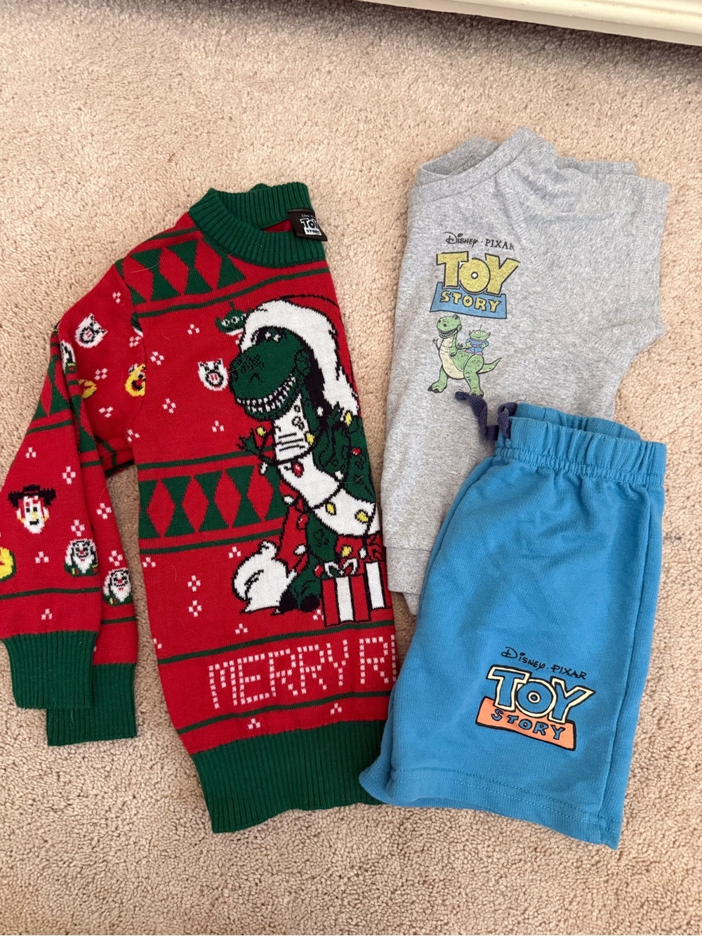 Disney Kids Matching Sets - Red Green Christmas Sweater & Blue Toy Story Outfit